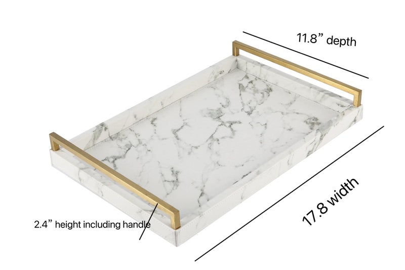 WV 17.8 * 11.8" White PU Leather Marble Finish Decorative Tray Serving Tray with Brushed Gold Handle for Coffee Table, Console Table, Ottoman - Image 4